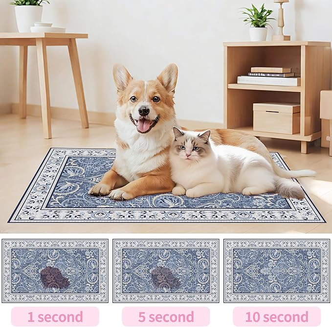 Blue Floral Pet Feeding Mat, Absorbent Dog/Cat Food Mat for Food and Water Bowl, Non-Slip Quick Dry Pet Placemat Floor Protector for Messy Drinkers(12 x 20 in)