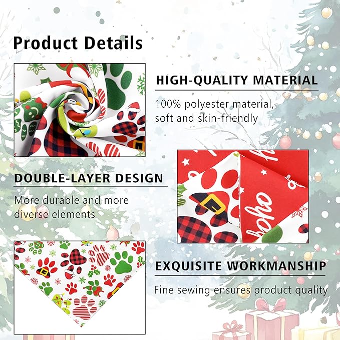 Christmas Dog Bandanas Reversible 2 Pack, Cute Santa Claus Dog Paw Tree Snowman Christmas Pet Bandanas Set Adjustable Triangle Winter Xmas Holiday Scarves for Medium Large Extra Large Boy Girl Dogs