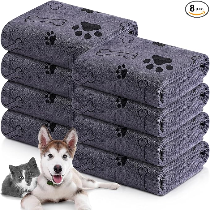 Chumia 8 Pcs Dog Towels for Drying Dogs Cats Pet Towels Bulk Puppy Microfiber Fast Drying Paw Bath Bathing Supplies Absorbent for Medium Pets(55 x 28 Inch,Dog Paw and Bone,Gray)