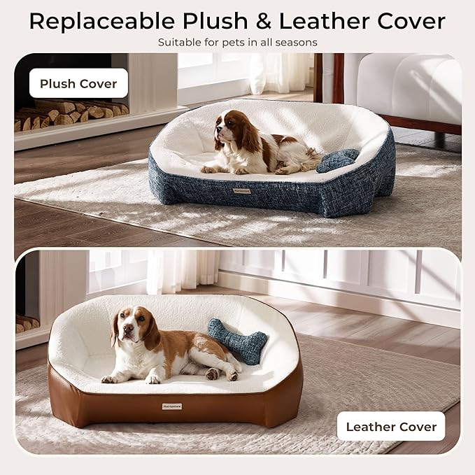 Orthopedic Dog Bed for Medium Small Dogs up to 120lbs, 48D Extra Thick One-Piece Memory Foam Dog Bed, Never Sag Pet Sofa Couch with 3 Removable Washable Covers (Plush, Cooling, Leather) & Toy