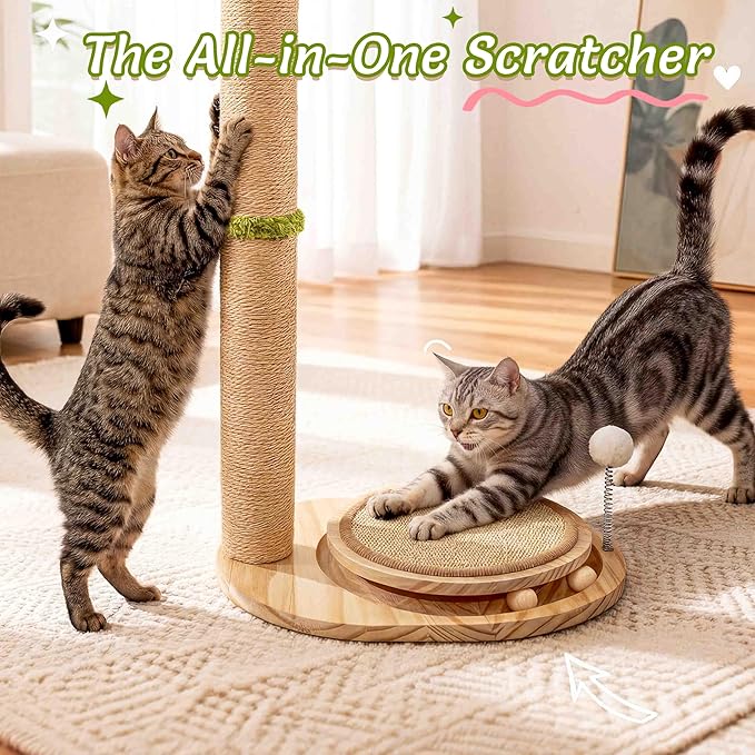 Cute Babys Breath Flower Cat Scratching Post, 39" Tall Cat Scratcher, Interactive Cat Toys with Ball Track & Spring Ball, Cat Scratch Post with Pad for Indoor Cats Adults and Kittens