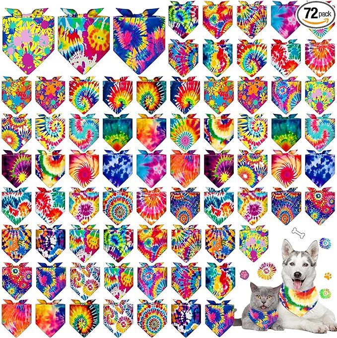 Sanwuta 72 Pcs Dog Bandana Bulk Washable Puppy Triangle Scarfs Cat Bandanas Adjustable Soft Cute Pet Triangle Bibs Accessories for Small Medium Dogs Cats Pets Costume(Tie-dye Pattern)