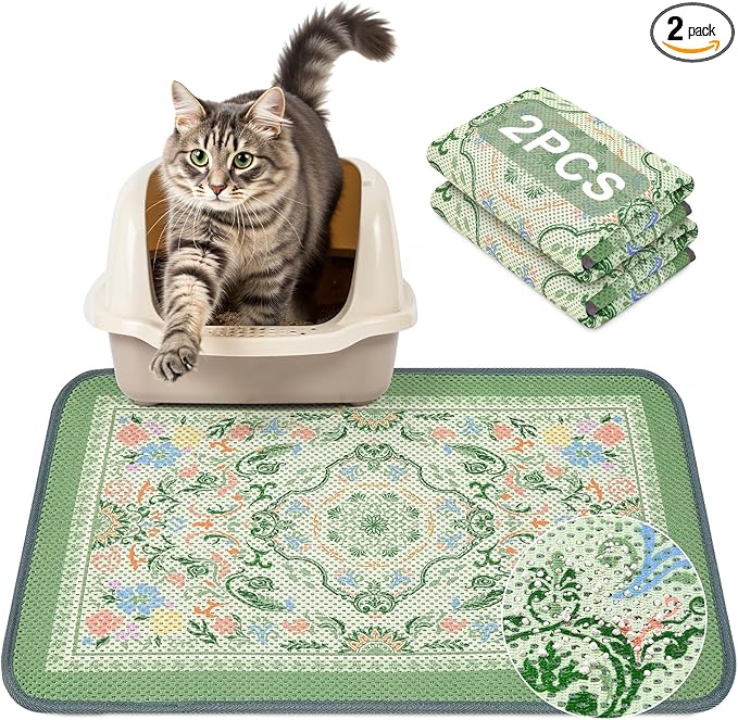Unicorn Catcher 24X15in 2packCat Litter Mat Machine Washable Soft 3D Air Mesh Litter Box Rug Non-Slip Backing Quick Dry Scatter Control for Paws,Bean Green