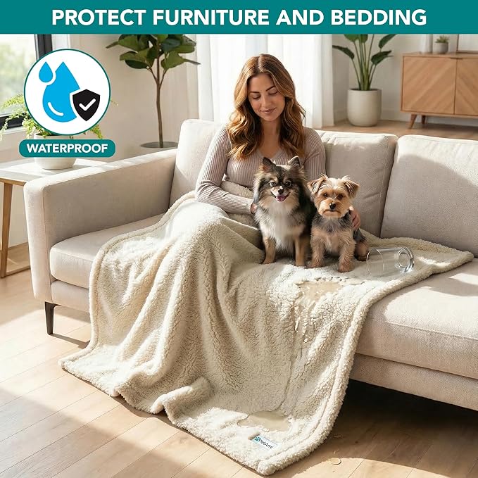 PetAmi Fluffy Waterproof Dog Blanket for Couch and Bed, Reversible Sherpa Pet Throw, Pee Proof Furniture Protector Sofa Cover, Washable Cat Blanket for Small Medium Dogs and Cats (Beige Cream, 29x40)