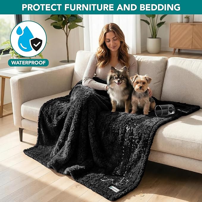 PetAmi Fluffy Waterproof Dog Blanket for Couch and Bed, Reversible Sherpa Pet Throw, Pee Proof Furniture Protector Sofa Cover, Washable Cat Blanket for Small Medium Dogs and Cats (Black, 24x32)