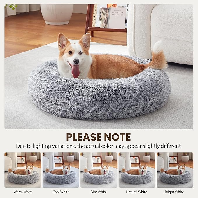 Donut Dog Bed Medium Size Dog, Round Cat Beds for Small Medium Dogs and Cats with Washable Fluffy Faux Fur, Cute Comfort Pet Bed with Anti-Slip Bottom, Grey, 20"