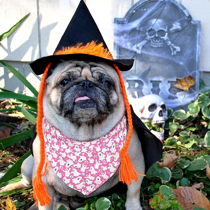 Halloween Dog Bandanas Reversible 2 Pack, Pink Pumpkin Ghost Bat Cute Halloween Pet Bandanas for Dogs Adjustable Triangle Holiday Scarves for Medium Large Extra Large Boy Girl Dogs