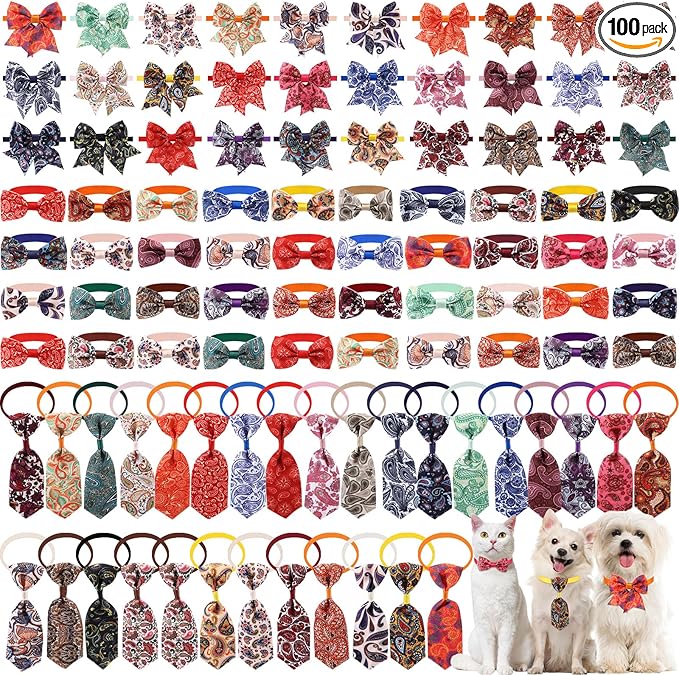 Reginary 100 Pieces Dog Bow Tie Collar Set Include 40 Dog Neckties, and 30 Puppy Bowties, 30 Collar Flowers, Adjustable Pet Ties Grooming for Small Medium Cats Pets Supply (Paisley)