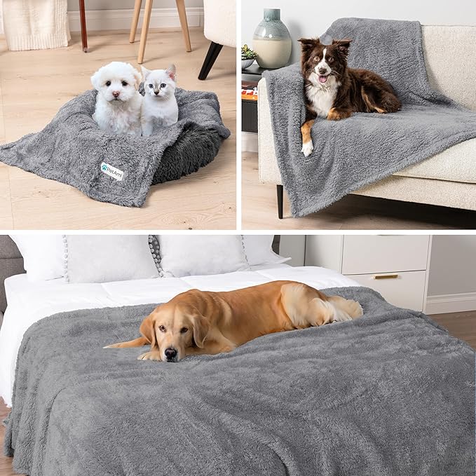 PetAmi Fluffy Waterproof Dog Blanket for Couch and Bed, Reversible Sherpa Pet Throw, Pee Proof Furniture Protector Sofa Cover, Washable Cat Blanket for Medium Large Dogs and Cats (Light Grey, 40x60)