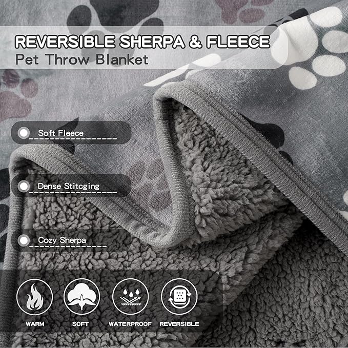 Waterproof Dog Blankets Pet Blanket, 30"x40" Cat Blanket for Indoor Cats, Soft Fluffy Sofa Car Bed Protector, Reversible Sherpa Fleece Puppy Blanket for Small Medium Dogs(Dark Grey-Paws)