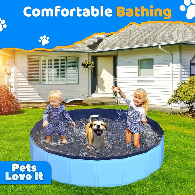 CACSPS 79" x 12" Foldable Dog Pool - Collapsible Hard Plastic Kiddie Pool for Dogs & Kids, Non-Slip Pet Bath Tub for Outdoor Backyard Use, Lightweight & Portable (Blue)