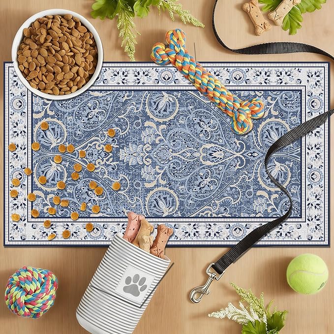 Blue Floral Pet Feeding Mat, Absorbent Dog/Cat Food Mat for Food and Water Bowl, Non-Slip Quick Dry Pet Placemat Floor Protector for Messy Drinkers(17 x 30 in)