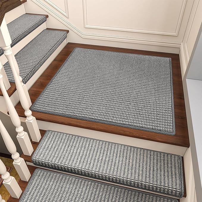Brakki Bullnose Carpet Stair Treads, Non Slip Landing Mat for Wooden Steps Indoor, Soft Stair Rugs for Pets, Indoor Doormat for Kitchen Bathroom, Washable, 30"x30" 1pc, Grey and Cream
