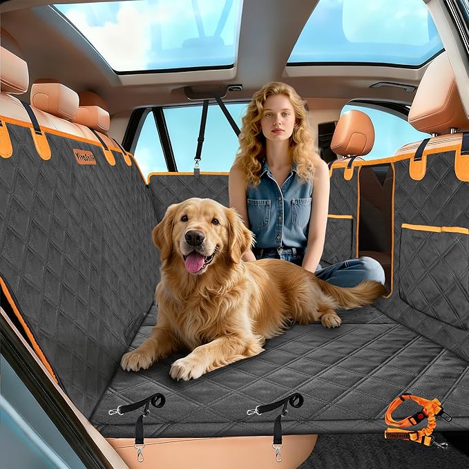 Hard Bottom Back Seat Extender for Dogs, Waterproof Dog Car Seat Cover with Joint-friendly Sponge Pad, 600 lbs Support Dog Hammock with Mesh Window, Universal Fits Sedan, SUV(Black & Orange)