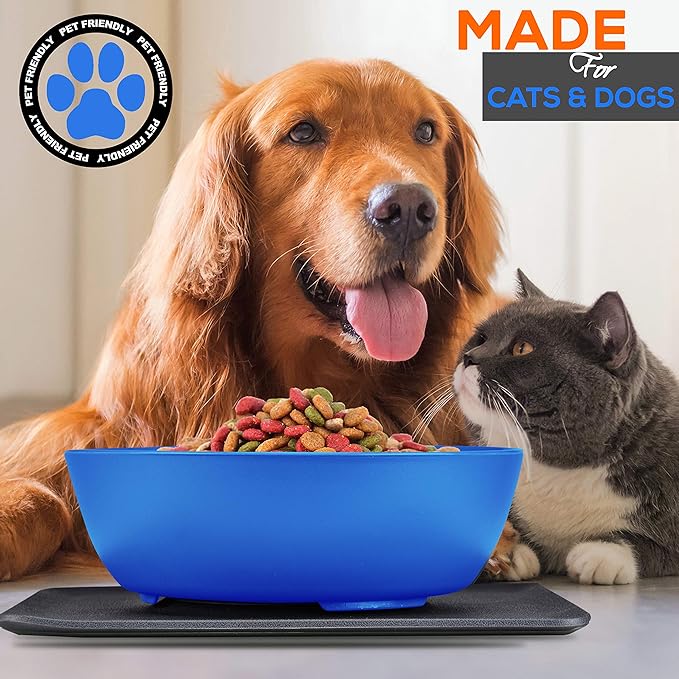 SereneLife Flip Spill Proof Set-Interlocking Non Skid Pet Puppy Cat Dog Mat-Twisty Dish Food/Water Bowl for Mess Free Feeding SLTDG6, Medium, Blue (SLTDG66)