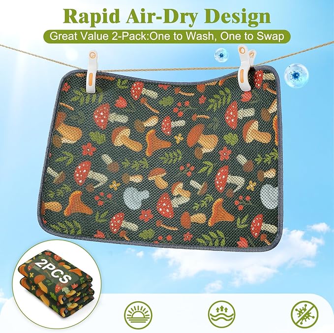 Unicorn Catcher 33X22in 2packCat Litter Mat Machine Washable Soft 3D Air Mesh Litter Box Rug Non-Slip Backing Quick Dry Scatter Control for Paws,Green Mushrooms