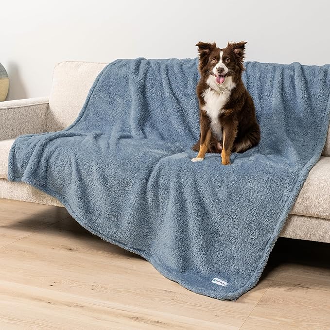 PetAmi Fluffy Waterproof Dog Blanket for Couch and Bed, Reversible Sherpa Pet Throw, Pee Proof Furniture Protector Sofa Cover, Washable Cat Blanket for Medium Large Dogs and Cats (Dusty Blue, 90x90)