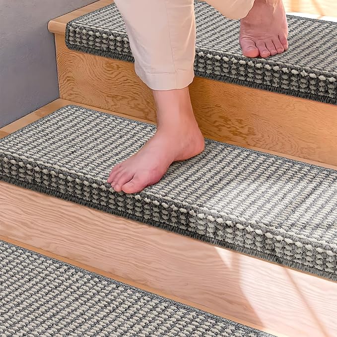Brakki Bullnose Carpet Stair Treads, Stair Treads for Wooden Steps Indoor Runner and Pets, Non Slip Soft Edging Staircase Protectors, Washable, 29.5"x9.5"x1.5" 2pcs, Grey and Cream