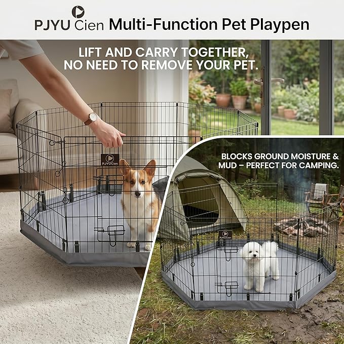 PJYuCien Octagonal Dog Playpen with Bottom Pad - Metal Foldable Exercise Pen, 8 Panels 30" H x 24" W Indoor Outdoor Pet Fence Puppy Crate Kennel, Gray
