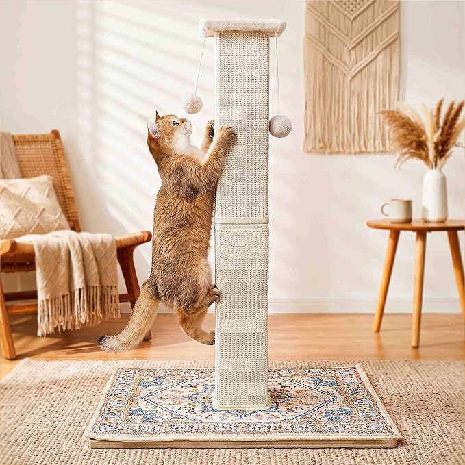 Tall Cat Scratching Post for Indoor Cats Adults, 33'' Large Cat Scratch Post with Perch, Cute Cat Scratching Post with Boho Carpet ＆ Dangling Ball Toys, White