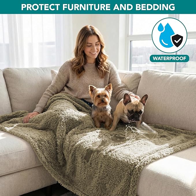 PetAmi Fluffy Waterproof Dog Blanket for Couch and Bed, Reversible Sherpa Pet Throw, Pee Proof Furniture Protector Sofa Cover, Washable Cat Blanket for Small Medium Dogs and Cats (Taupe Camel, 24x32)