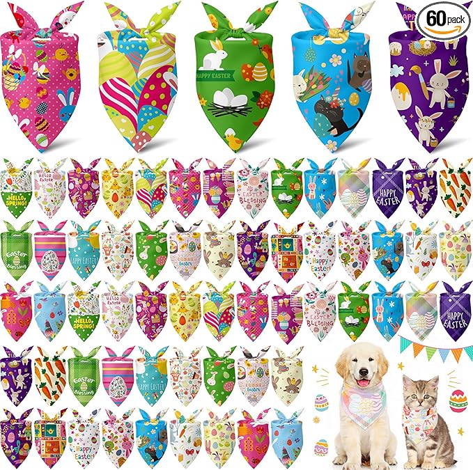 Sanwuta 60 Pcs Easter Dog Bandanas Bulk Bunny Dog Bandanas Adjustable Puppy Bibs Triangle Scarf Holiday Pet Costume for Small Medium Pet (Bunny Pattern)