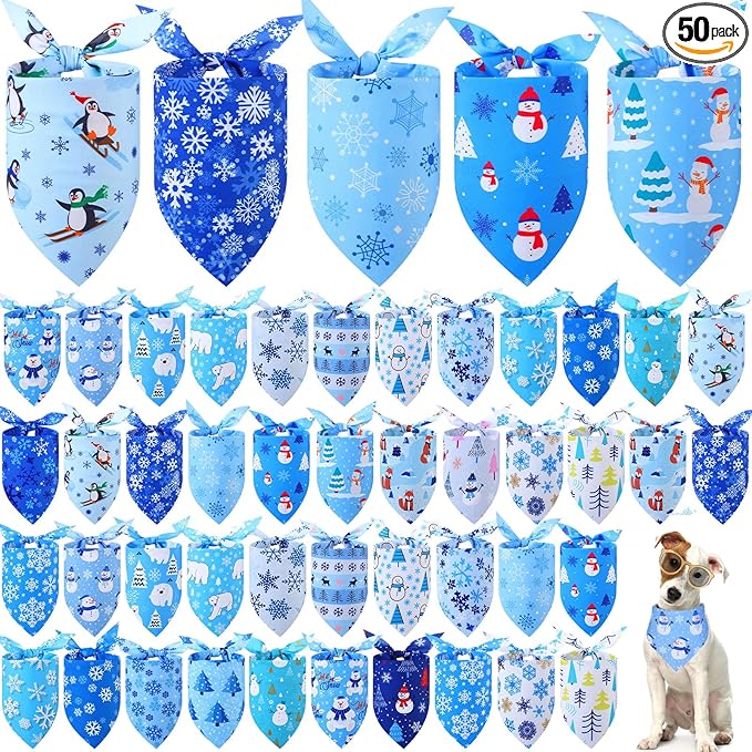 Abbylike 50 Pcs Winter Dog Bandanas Bulk Blue Snowflake Dog Bandanas for Pets Triangle Kerchief Scarf Bibs for Winter Pets Cats Party Costume Photo Props Accessories Pet Shops (19.7 x 13.8 x 13.8)