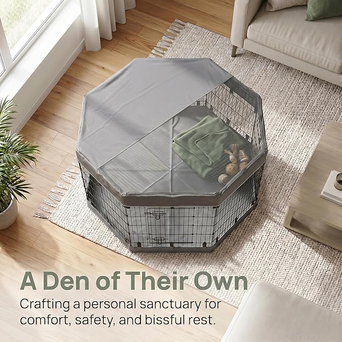 PJYuCien Octagonal Dog Playpen with Top Cover and Bottom Pad - Metal Foldable Exercise Pen, 8 Panels 30" H x 24" W Indoor Outdoor Pet Fence Puppy Crate Kennel, Gray