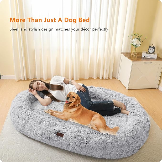 Human Dog Bed Fits Adult & Pets, Reversible Orthopedic Gel Memory Foam Cushion, Washable Long Plush, Plump Edge with Blanket, Storage Pocket, 71"x47.2"x9", Extra Large, Ombre Grey