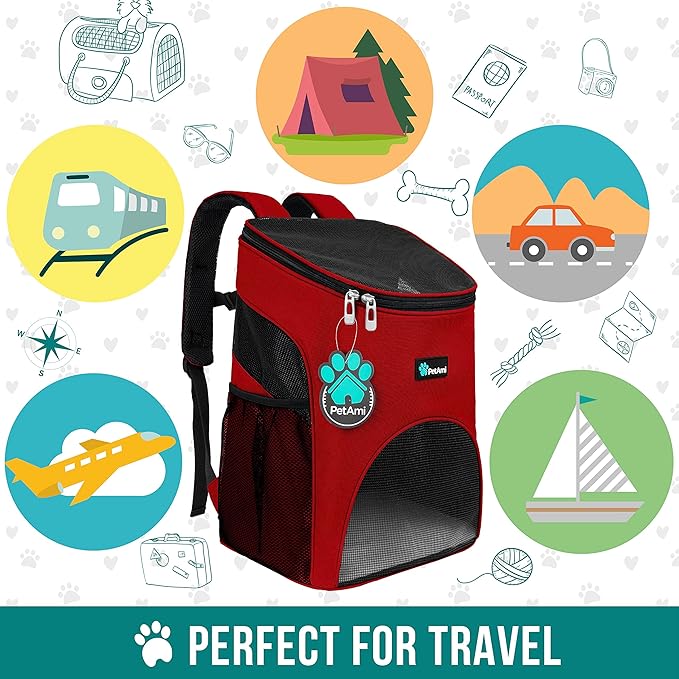 PetAmi Cat Backpack Carrier, Airline Approved Pet Carrier Backpack for Small Dogs and Large Cats, Soft Sided Collapsible Ventilated with Sherpa Bed for Hiking Travel, Max 18 lbs, Red