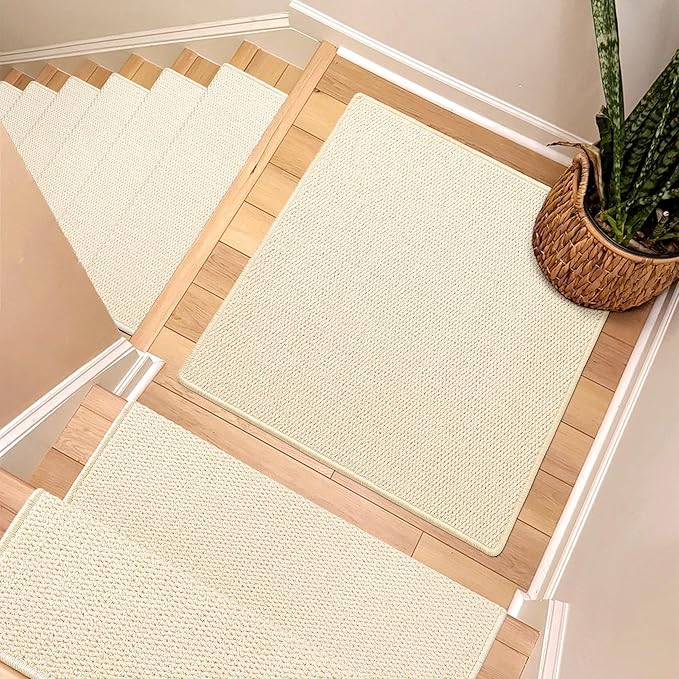 Brakki Bullnose Carpet Stair Treads, Non Slip Landing Mat for Wooden Steps Indoor, Soft Stair Rugs for Pets, Indoor Doormat for Kitchen Bathroom, Washable, 30"x30" 1pc, Cream White