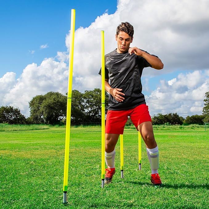 Champion Sports Outdoor Sports Agility Pole Set, 4 Rubber Bases with 12 PVC Poles, 66 Inches, Yellow