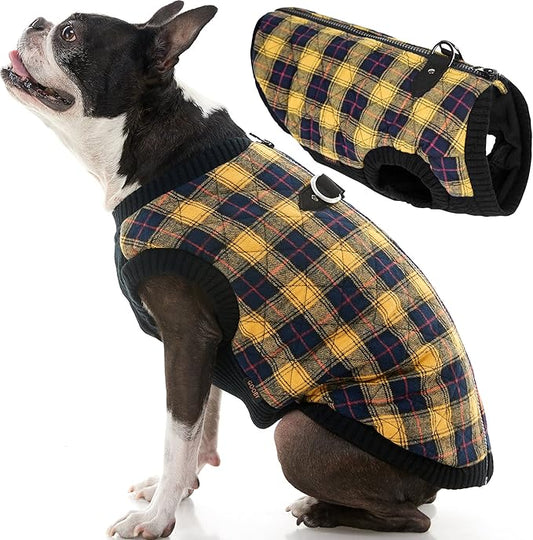 Gooby Fashion Vest Check Dog Jacket - Yellow Check, Large - Warm Zip Up Bomber Vest Dual D Ring Leash - Winter Water Resistant Sweater - Clothes for Small or Medium Dogs