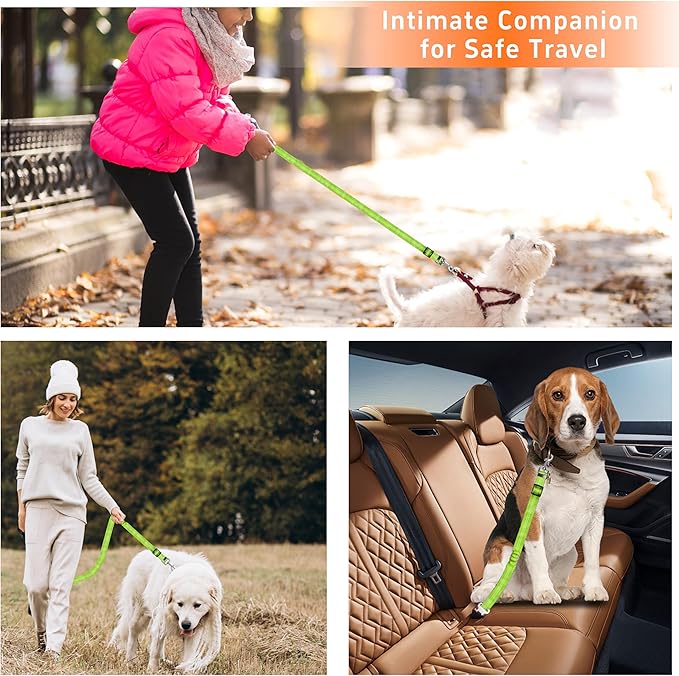 Seyezo Dog Car Seat Belt - 3 Piece Set Retractable Dog Harness with Adjustable Reflective Seatbelt for Vehicle Headrests - Heavy Duty & High Elastics - Green