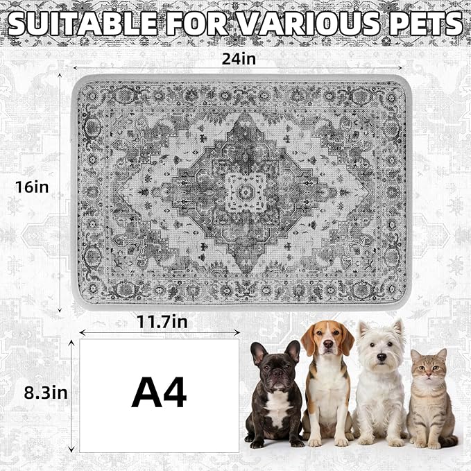 PUPTECK Dog Food Mat, Absorbent Pet Feeding Bowl Mat, Non-Slip Dog Mat for Food and Water, Quick Dry No Stains Cat Placemats Pet Supplies for Messy Drinkers, Grey 16"x24"