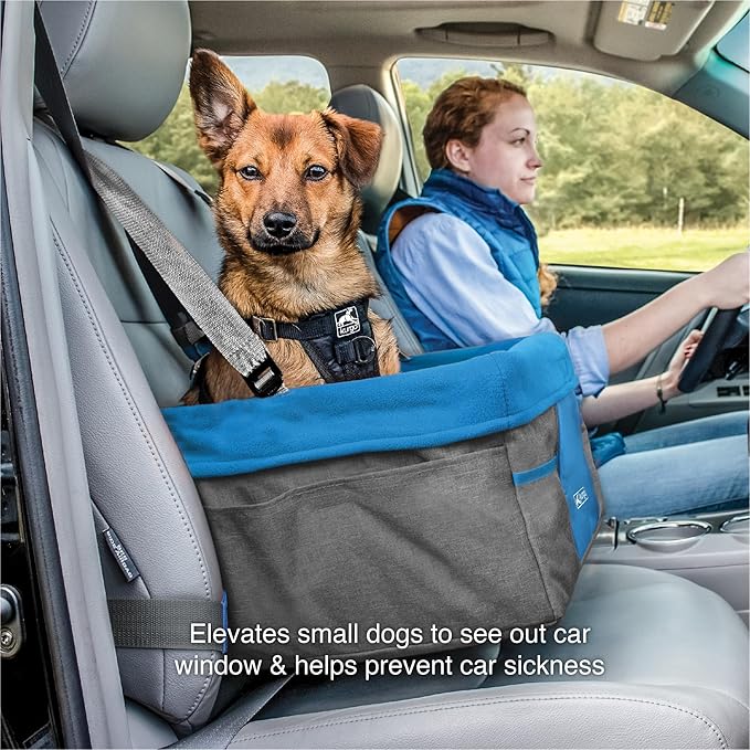 Kurgo Dog Booster Seat - Keeps Dogs Secure & Comfortable - Waterproof Exterior - Removable Washable Liner - Dog Car Seat with Harness Strap - Collapsible - Heather Style - Charcoal/Blue