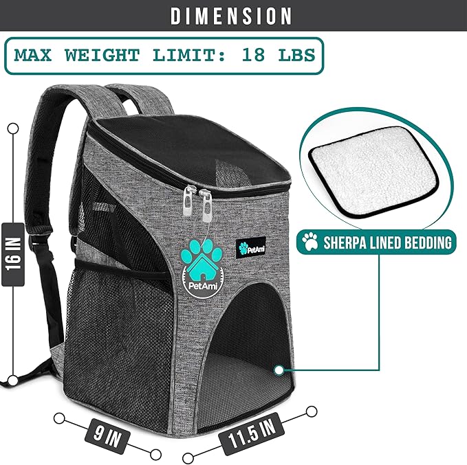 PetAmi Cat Backpack Carrier, Airline Approved Pet Carrier Backpack for Small Dogs and Large Cats, Soft Sided Collapsible Ventilated with Sherpa Bed for Hiking Travel, Max 18 lbs, Heather Gray