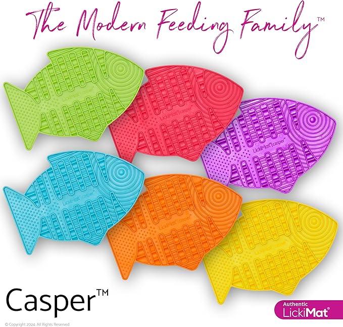 Lickimat Casper & Felix, Fish-Shaped Cat Slow Feeders Lick Mat, Boredom Anxiety Reducer; Perfect for Food, Treats and Anxiety Reduction. (Green & Orange)