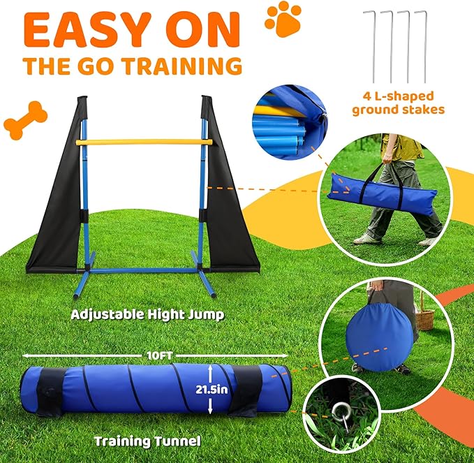 Dog Agility Course Backyard Set - Complete 11-Piece Dog Agility Equipment with Adjustable Hurdles, Jump Ring, Weave Poles, Collapsible Tunnel, Pause Box, Ball for Indoor/Outdoor Training