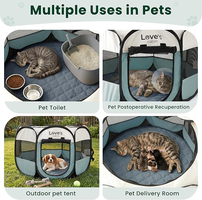 Love's cabin Dog Playpen with Washable Pee Pad, Puppy Pet Cat Playpen Small Dogs Tent Crate Indoor/Outdoor, Portable Pop Up Kennel with Carrying Case for Cats/Rabbits(Moss Green,Small with pad)