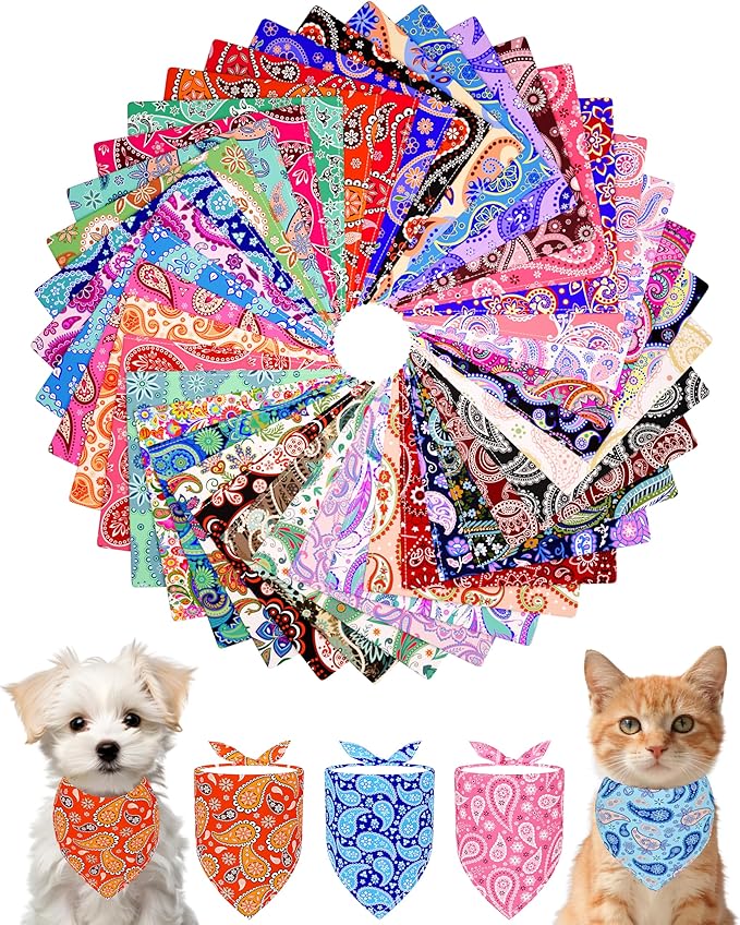 PET SHOW 50 Pack Small Paisley Dog Bandanas Bulk XS Dog Scarves Puppy Floral Bibs Kerchief Set Girl Boy Cats Pet Holiday Party Grooming Accessories
