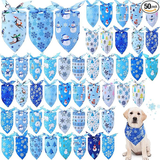 Abbylike 50 Pieces Winter Dog Bandanas Bulk Blue Snowflake Dog Bandanas for Pets Triangle Kerchief Scarf Bibs for Winter Pets Cats Party Costume Accessories (25.6 x 17.7 x 17.7)