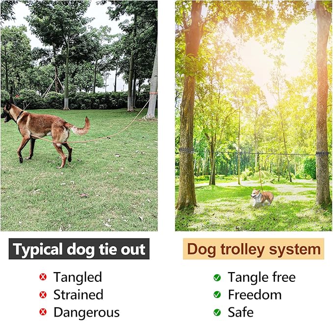 XiaZ Dog Camping Leash, 100ft Portable Overhead Trolley System for Dogs up to 200lbs, Dog Tie Out Cable, Camping, Parks, Outdoor Events,5 min Set-up,Black