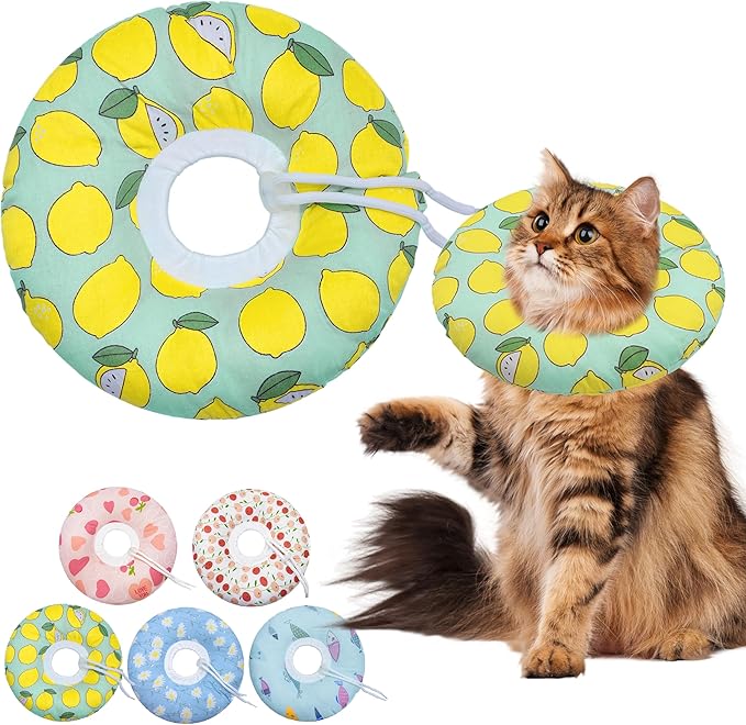 Seyezo Cat Cone Collar Soft, Adjustable Cat Recovery Collars to Prevent Licking, Cute Donut E Collar After Surgery, Anti-Lick Recovery Elizabethan Collar for Kittens(Green Lemon, Large)