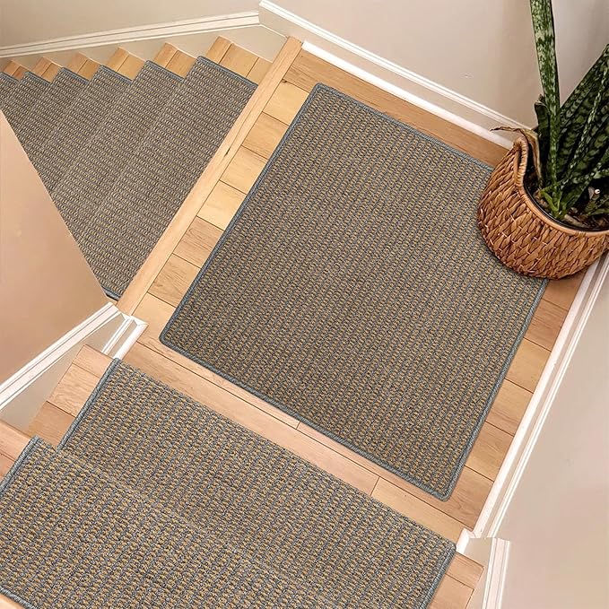 Brakki Bullnose Carpet Stair Treads, Non Slip Landing Mat for Wooden Steps Indoor, Soft Stair Rugs for Pets, Indoor Doormat for Kitchen Bathroom, Washable, 30"x30" 1pc, Grey and Beige