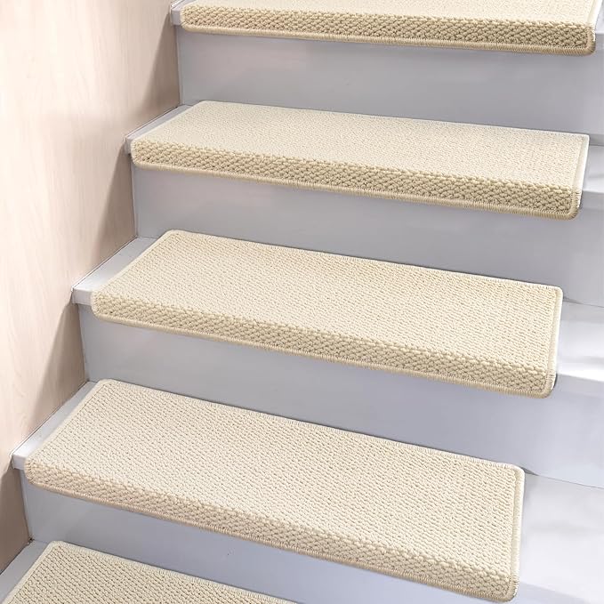 Brakki Bullnose Carpet Stair Treads, Stair Treads for Wooden Steps Indoor Runner and Pets, Non Slip Soft Edging Staircase Protectors, Washable, 29.5"x9.5"x1.5" 7pcs, Cream White