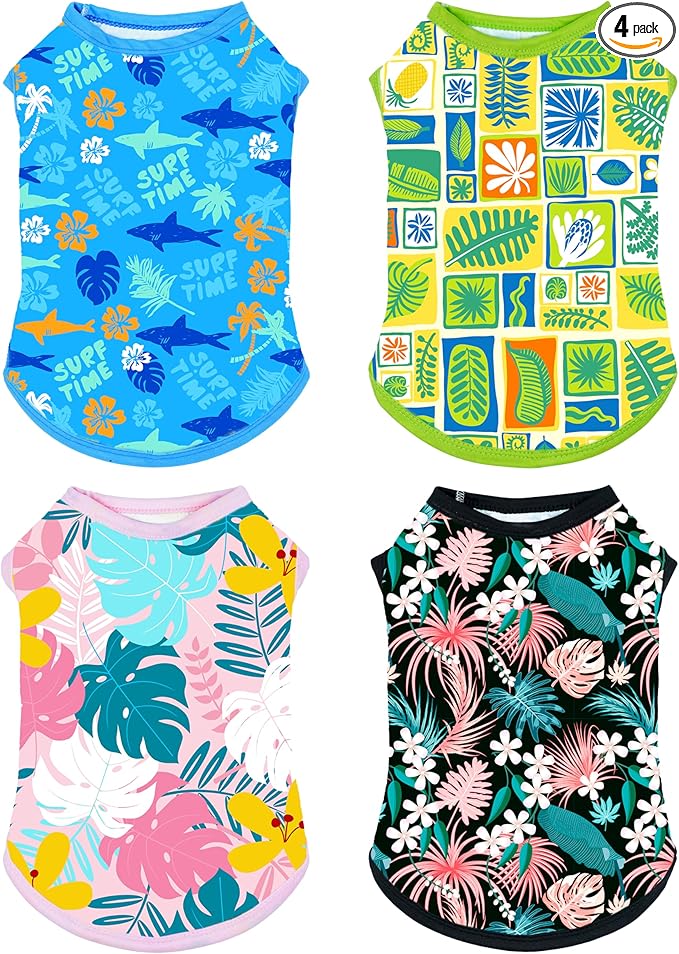 PET SHOW 4 Pack Dog Hawaiian Shirts for Small Medium Dogs UPF 50+ UV Sun Protection Summer Cool Clothes Tank Top Floral Puppy Cats T-Shirts Pet Holiday Party Sleeveless Vest Boy Girl(Medium)