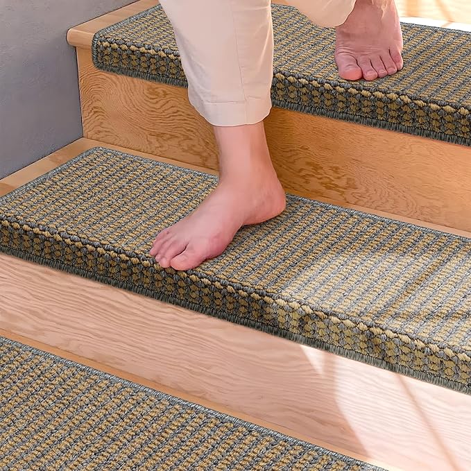 Brakki Bullnose Carpet Stair Treads, Stair Treads for Wooden Steps Indoor Runner and Pets, Non Slip Soft Edging Staircase Protectors, Washable, 29.5"x9.5"x1.5" 14pcs, Grey and Beige