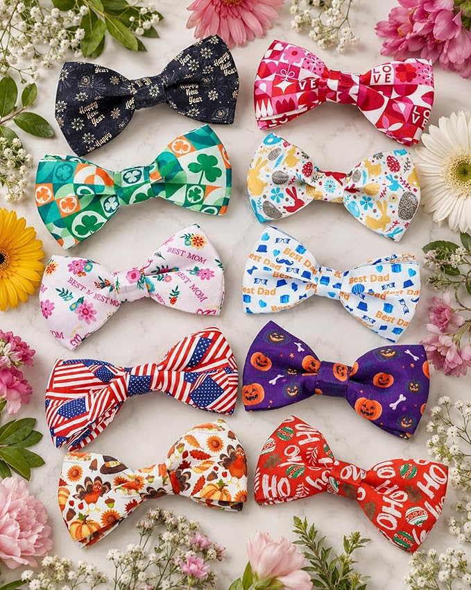 PET SHOW 10 Pack Holiday Big Dog Bow Ties for Large Medium Dogs Sliding Collar Attachments Festival Patterns Bowties Classy Bowknots Party Wedding Pet Grooming Accessories(Large)