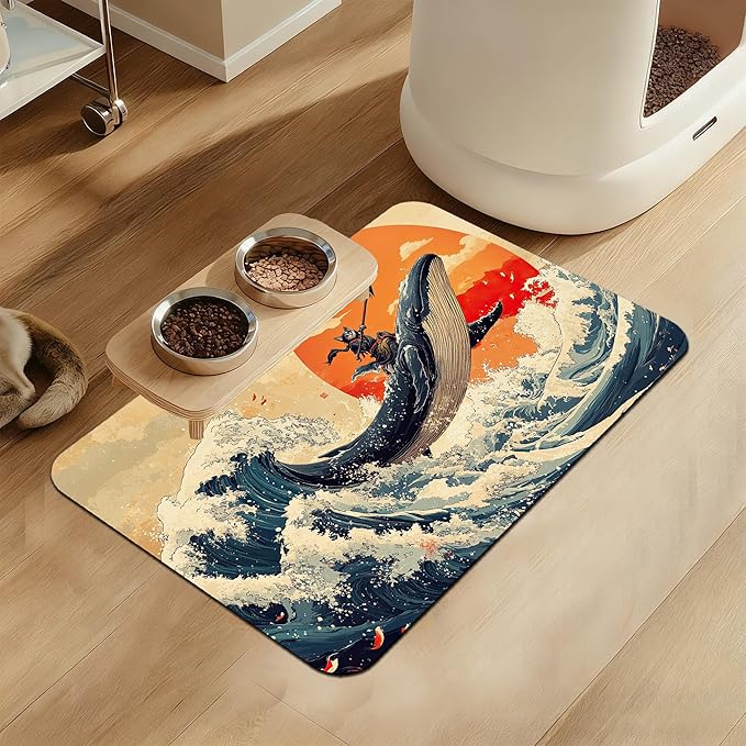 Wave Cat Dog Food Mat,Ukiyo-e Whale Absorbent Quick Dry Feeding Placemat for Food and Water Bowls, Non Slip Rubber Backing, Waterproof Pet Supplies for Mess-Free Eating 12"x20"